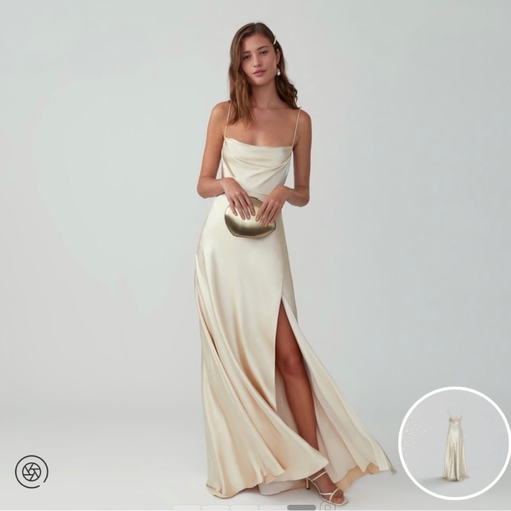 Fame & Partners Rosabel Maxi Dress, size 8, gold/champagne